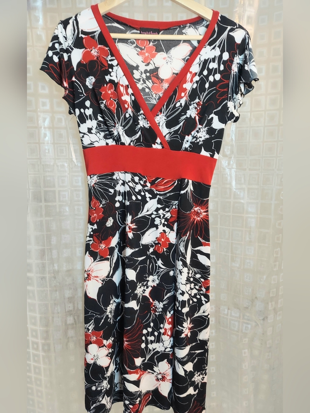 Tempted Hearts Black, Red & White Floral Midi Dress with Red Waist